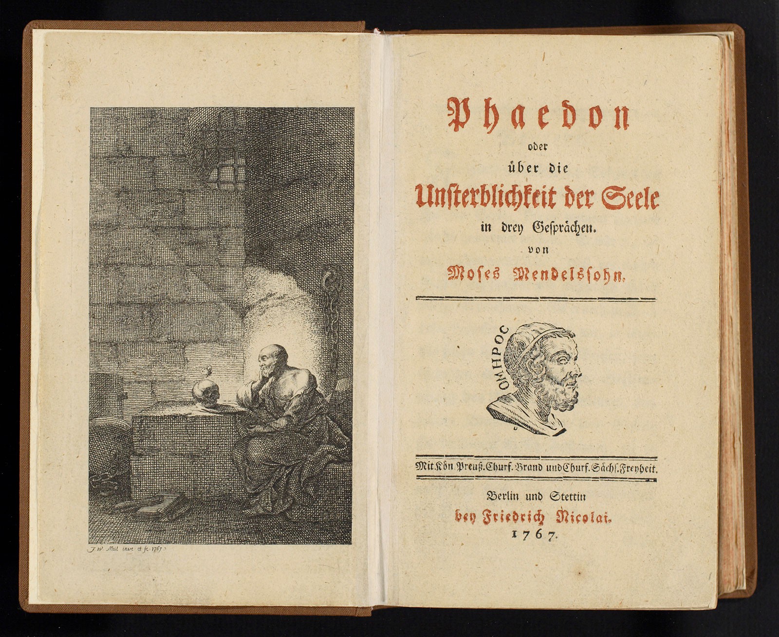 Im Bestseller „Phaedon“ aktualisiert Moses die Gespräche des zum Tode verurteilten Sokrates und fügt einen moraltheologischen Beweis zur Unsterblichkeit der Seele hinzu. J. W. Meil, 1767 © bpk / Staatsbibliothek zu Berlin / Foto: Carola Seifert